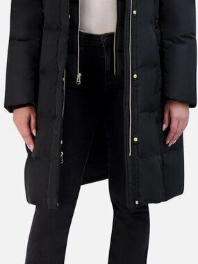 Cole Haan Women's Black Bibbed Water-Resistant Hooded Puffer Coat Size XL